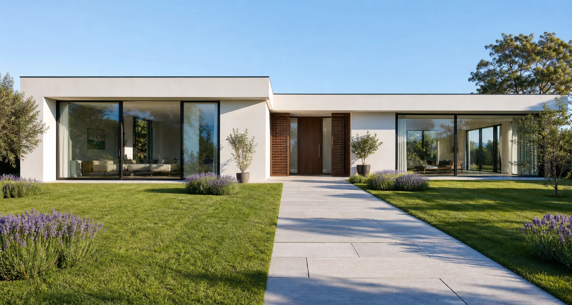 Modern California home exterior with warm sunlight and professional landscaping