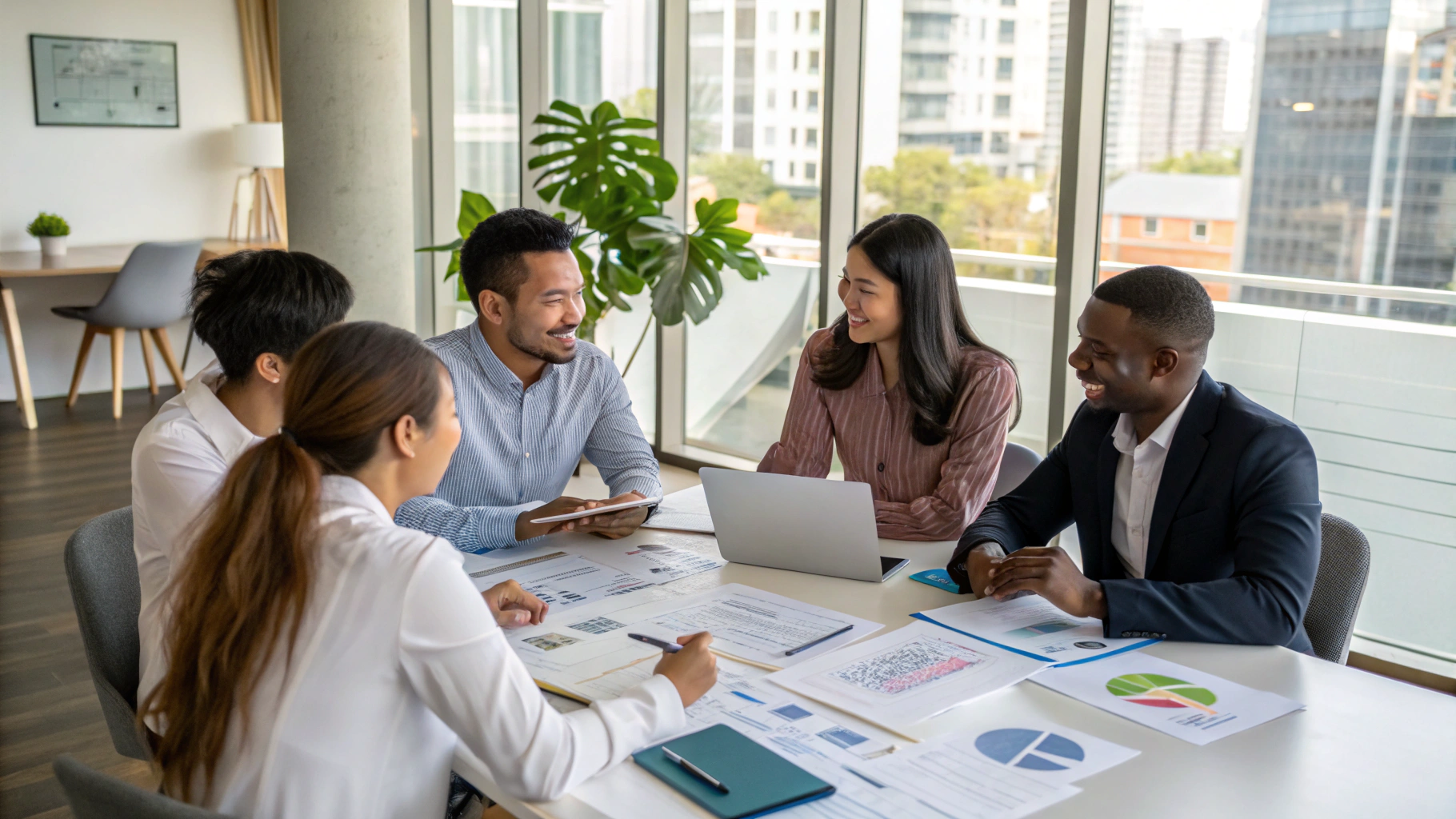 Professional team collaborating on mortgage documentation in a modern office setting