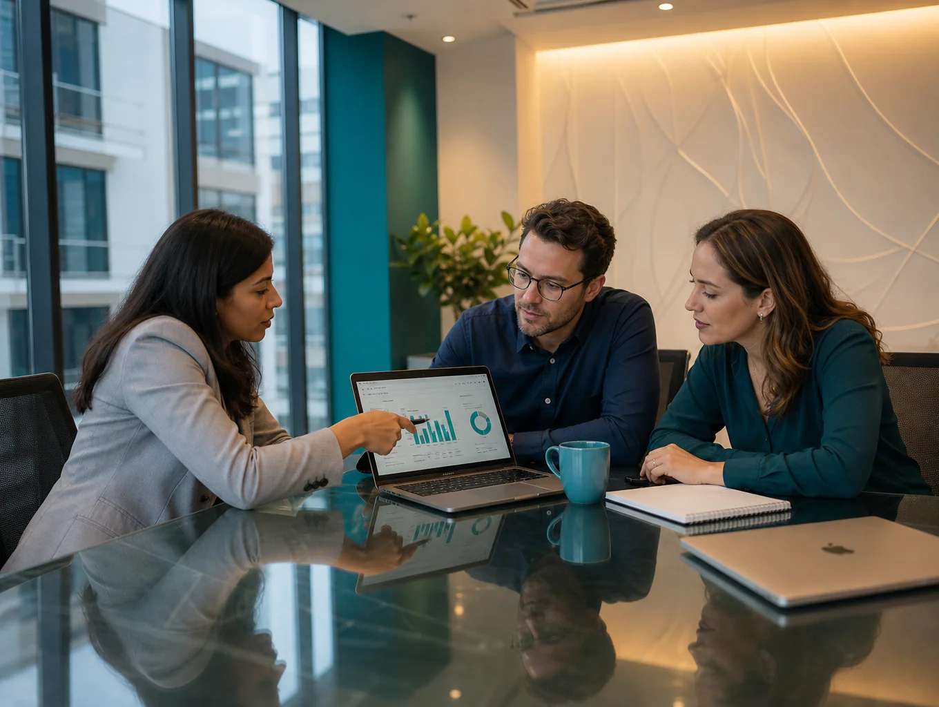Professional team collaborating in a modern office setting