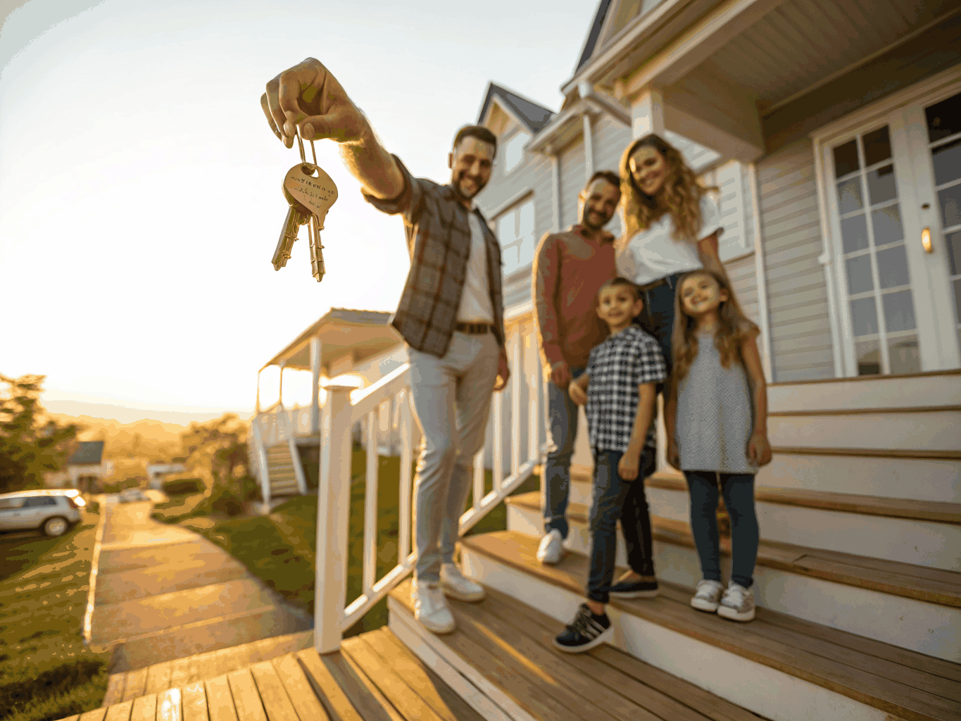 Happy California family receiving keys to their new home
