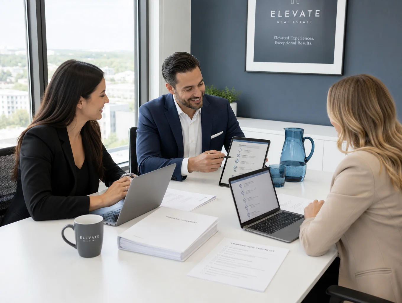 Real estate and mortgage lending professionals collaborating in a modern, sunlit California office