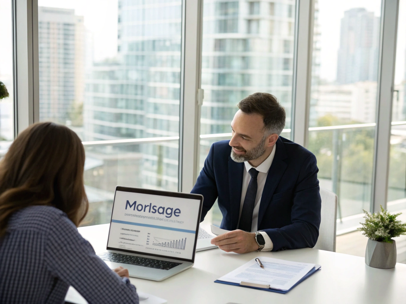 Mortgage advisor providing responsive guidance to a client via video call in a modern office